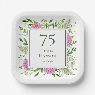 75th Birthday Pink Hydrangeas Paper Plates
