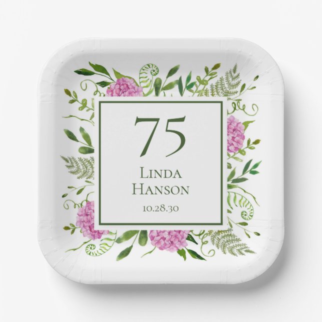 75th Birthday Pink Hydrangeas Paper Plates (Front)