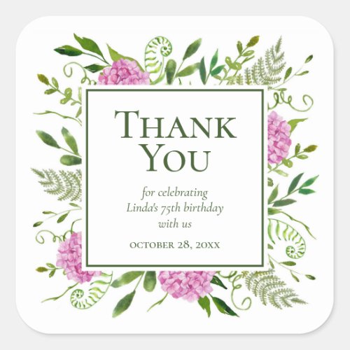 75th Birthday Pink Hydrangeas Thank You Square Sticker