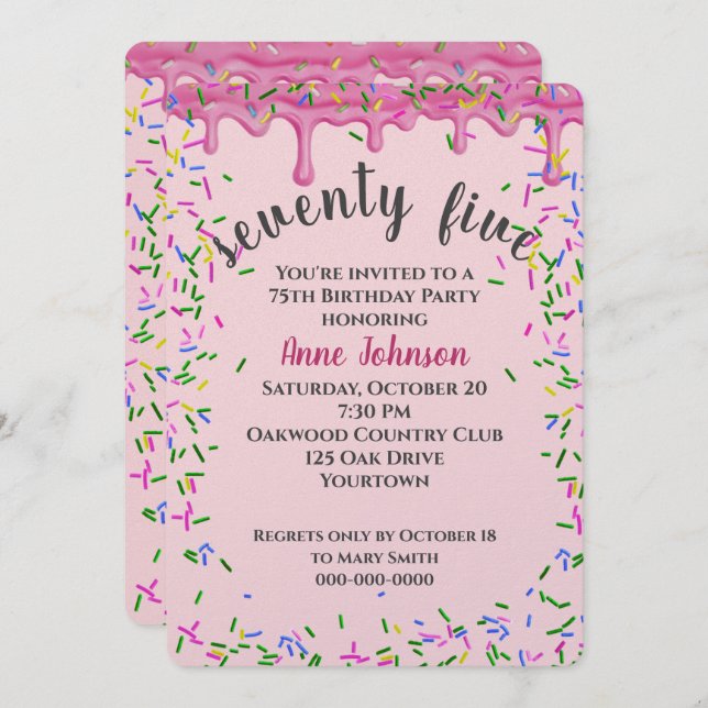 75th Birthday Pink Icing And Sprinkles Invitation (Front/Back)