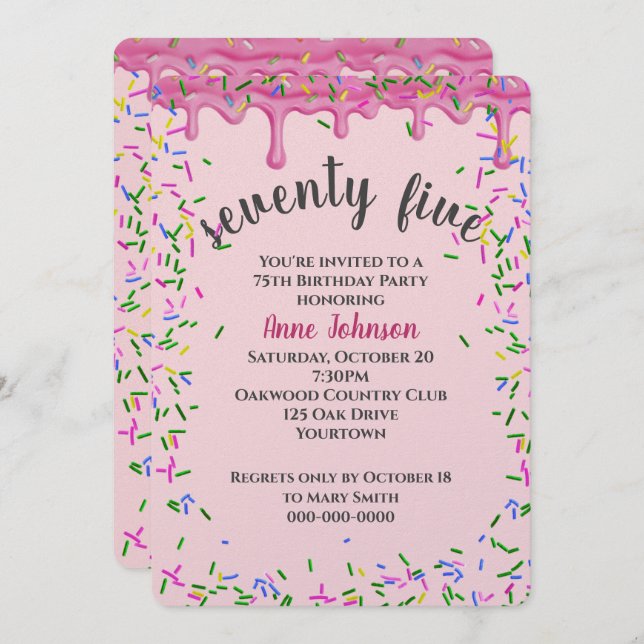 75th Birthday Pink Icing And Sprinkles Invitation (Front/Back)