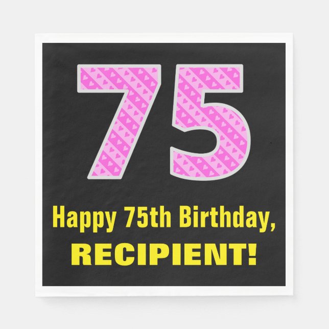 75th Birthday: Pink Stripes and Hearts "75" + Name Napkins (Front)