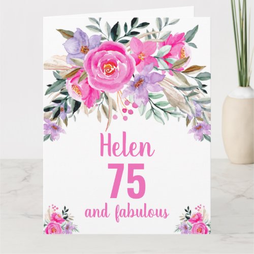 75th birthday pink watercolor floral card