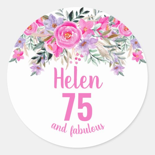 75th birthday pink watercolor floral classic round classic round sticker
