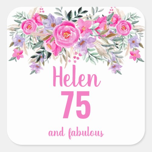 75th birthday pink watercolor floral classic square sticker
