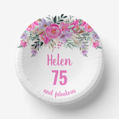75th birthday pink watercolor floral  paper bowls