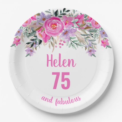 75th birthday pink watercolor floral  paper plates