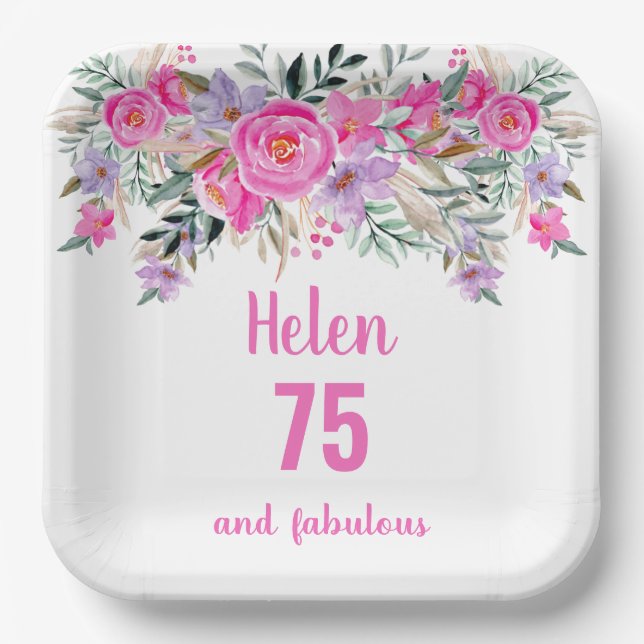 75th birthday pink watercolor floral  paper plates (Front)