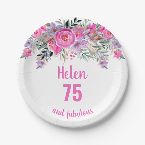 75th birthday pink watercolor floral  paper plates