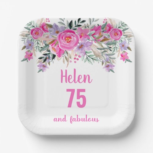 75th birthday pink watercolor floral  paper plates