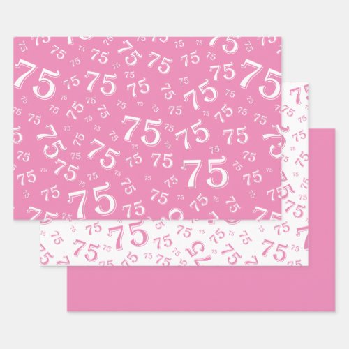 75th Birthday Pink  White Number Pattern 75 Wrapping Paper Sheets
