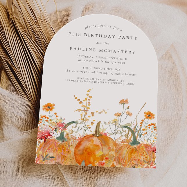 75th Birthday Pumpkin Wildflower Fall Watercolor Invitation (Creator Uploaded)