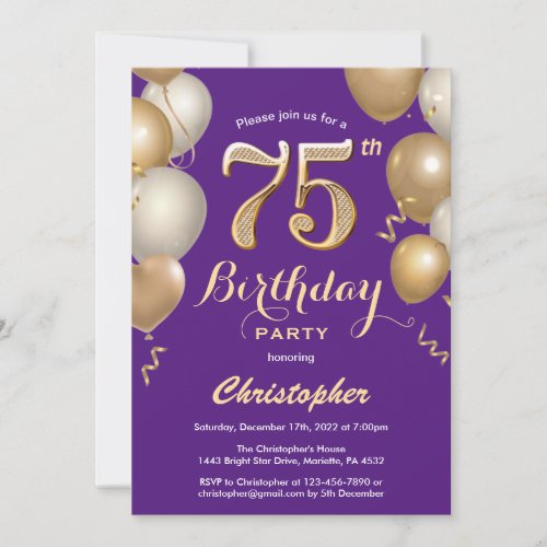 75th Birthday Purple and Gold Balloons Confetti Invitation