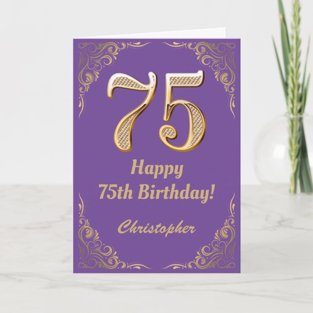 75th Birthday Purple and Gold Glitter Frame Card (Front)