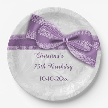 75th Birthday Purple Damask And Faux Bow Paper Plates by Sarah_Designs at Zazzle
