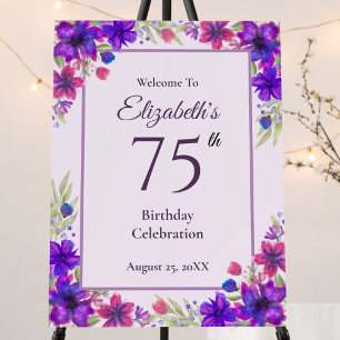 75th Birthday Purple Floral Welcome Sign