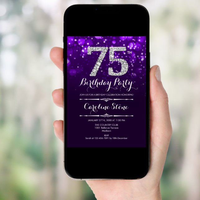 75th Birthday - Purple Silver Invitation (Front Digital)