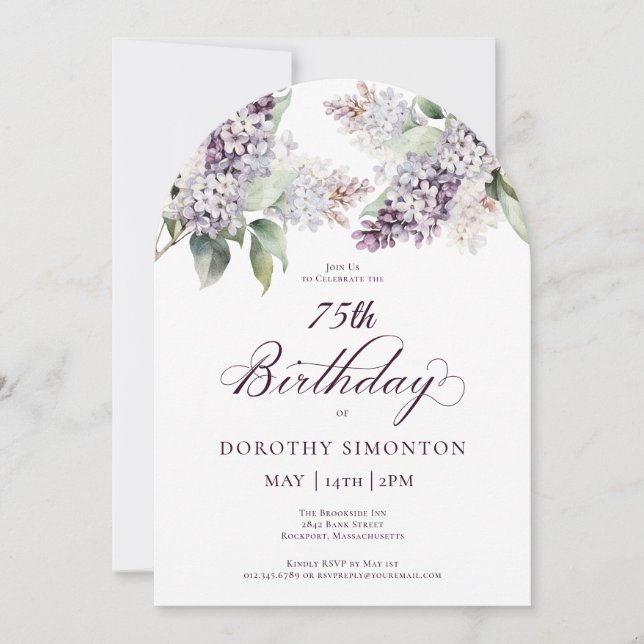 75th Birthday Purple Spring Lilac Flower Arch Invitation (Front)