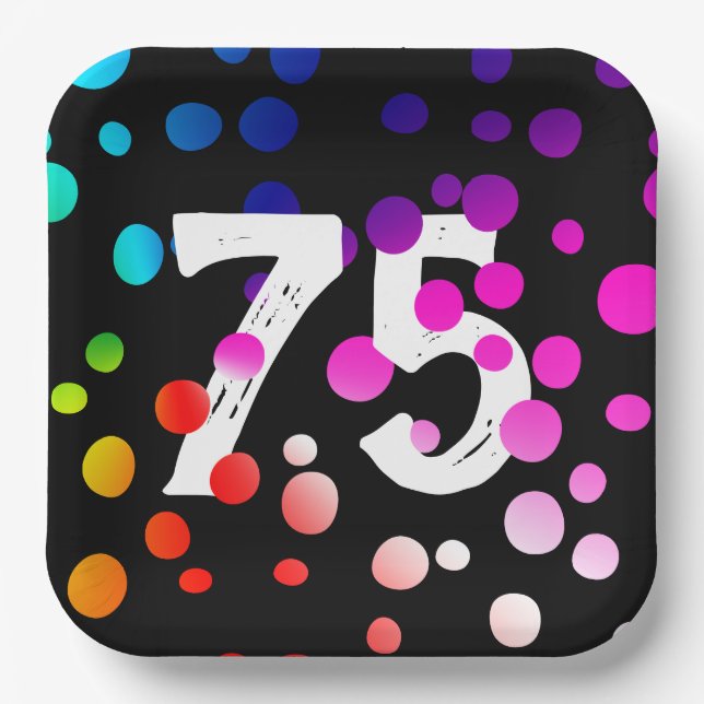 75th Birthday Rainbow Dots on Black Paper Plates (Front)