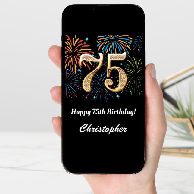 75th Birthday Rainbow Fireworks Black and Gold Card (Front Digital)