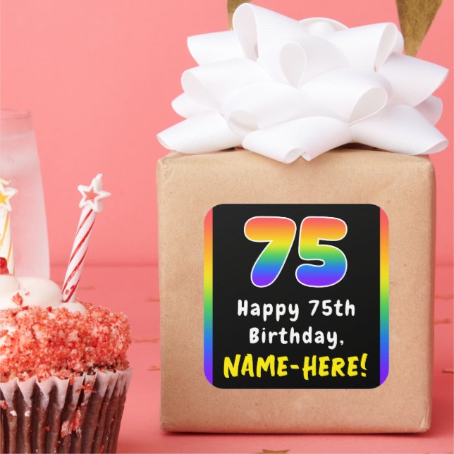 75th Birthday: Rainbow Spectrum # 75, Custom Name Square Sticker (Party)