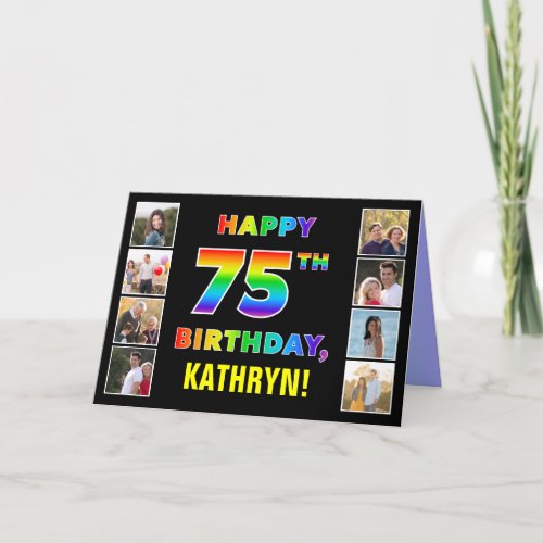 75th Birthday Rainbow Text Custom Photos  Name Card