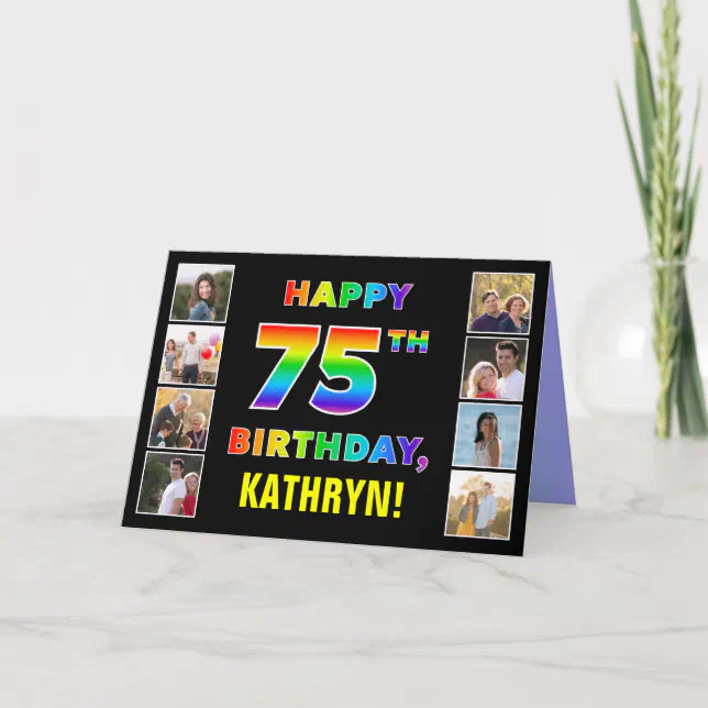 75th Birthday: Rainbow Text, Custom Photos & Name Card | Zazzle