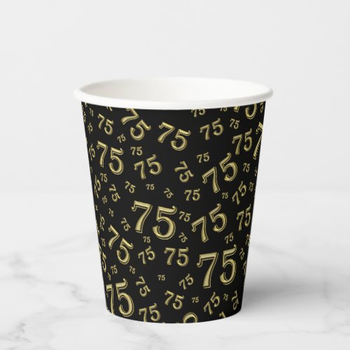 75th Birthday Random Number Pattern BlackGold 75 Paper Cups