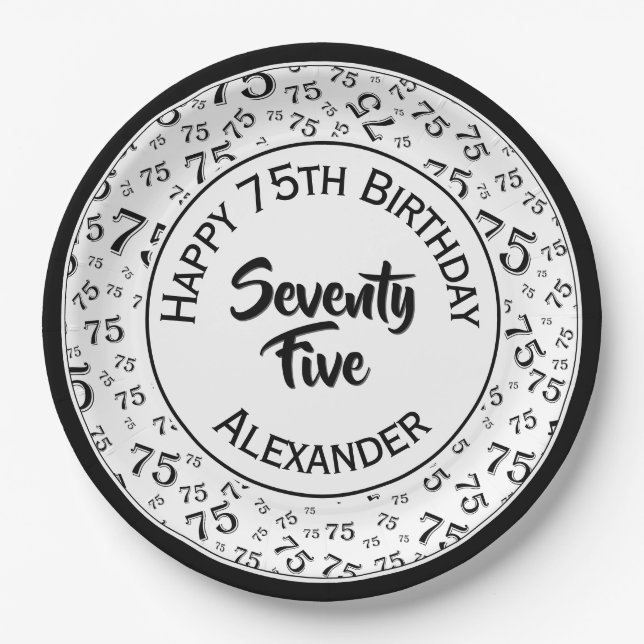 75th Birthday Random Number Pattern Black/White Paper Plates (Front)
