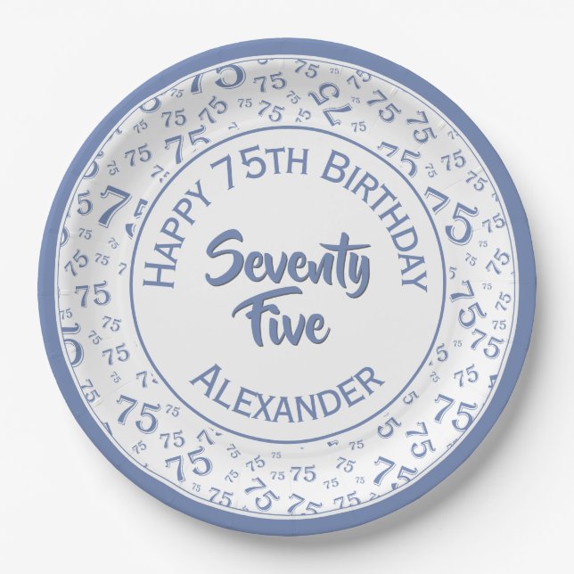 75th Birthday Random Number Pattern Blue/White Paper Plates (Front)