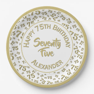 75th Birthday Random Number Pattern Gold/White Paper Plates