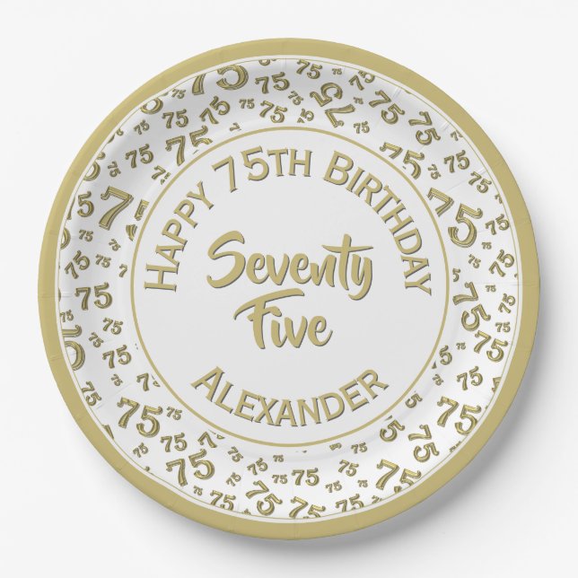75th Birthday Random Number Pattern Gold/White Paper Plates (Front)