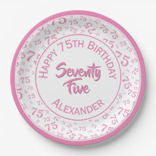 75th Birthday Random Number Pattern Pink/White Paper Plates
