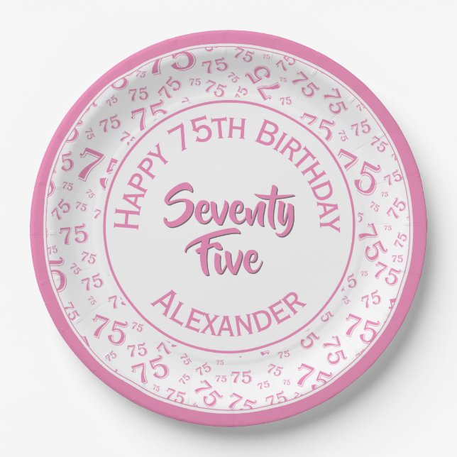 75th Birthday Random Number Pattern Pink/White Paper Plates (Front)