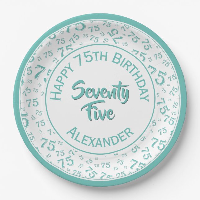 75th Birthday Random Number Pattern Teal/White Paper Plates (Front)