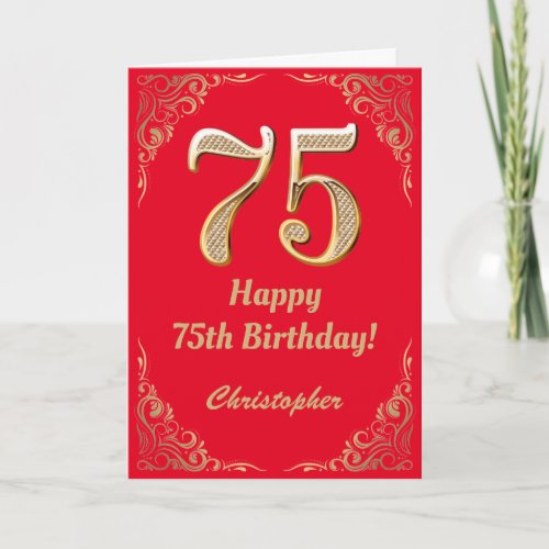 75th Birthday Red and Gold Glitter Frame Card