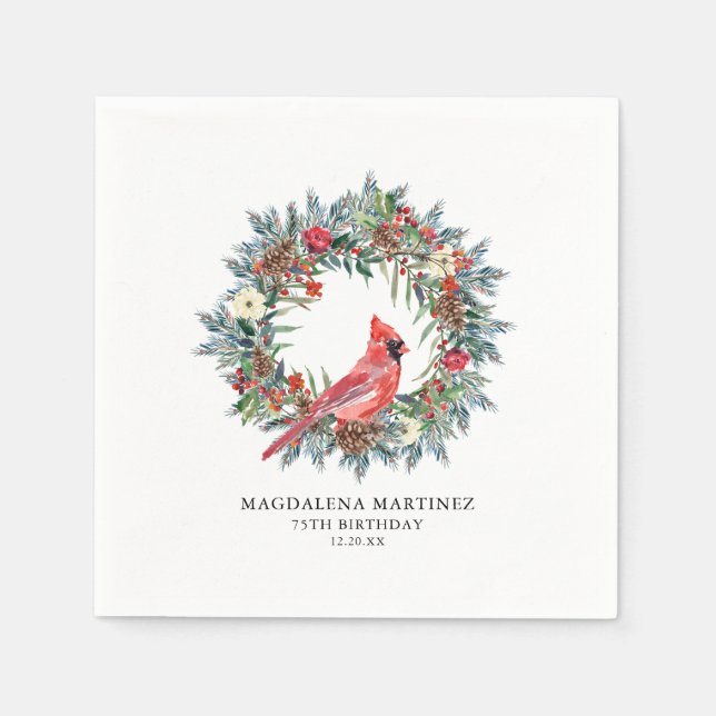 75th Birthday Red Cardinal Wreath Custom Cocktail Napkins (Front)
