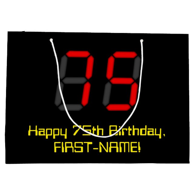 75th Birthday: Red Digital Clock Style "75" + Name Large Gift Bag (Back)