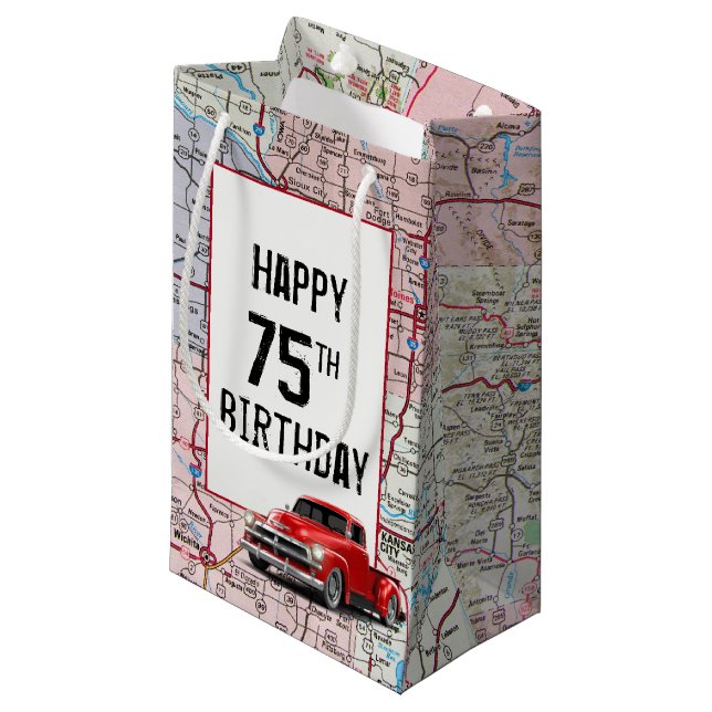 75th Birthday Red Retro Truck on Map  Small Gift Bag (Front Angled)