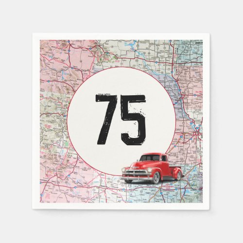75th Birthday Red Retro Truck on Road Map Napkins