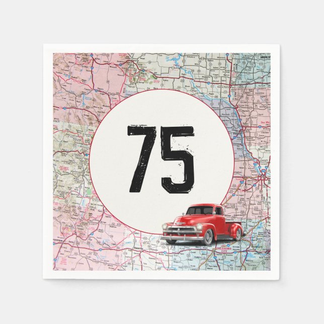 75th Birthday Red Retro Truck on Road Map Napkins (Front)