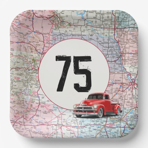 75th Birthday Red Retro Truck on Road Map  Paper Plates