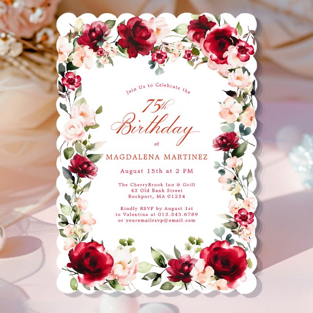 75th Birthday Red Rose Pink Peony Floral Invitation (Creator Uploaded)
