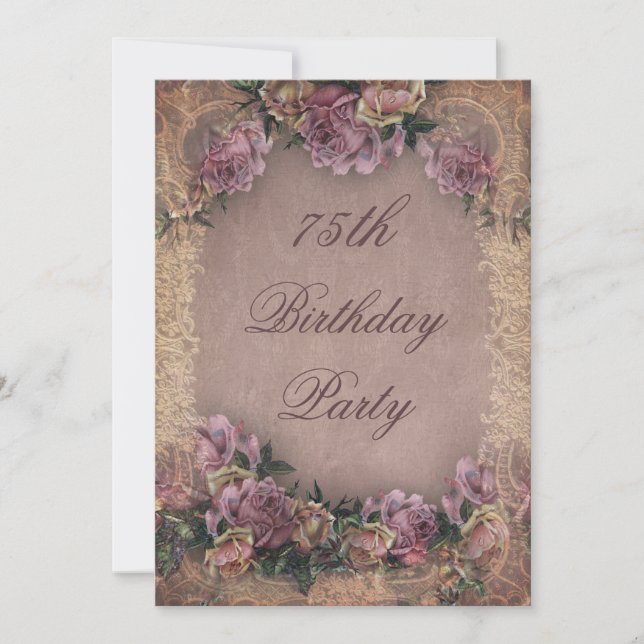 75th Birthday Romantic Vintage Roses and Lace Invitation (Front)
