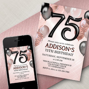 75th Birthday Rose Gold Balloons Invitation