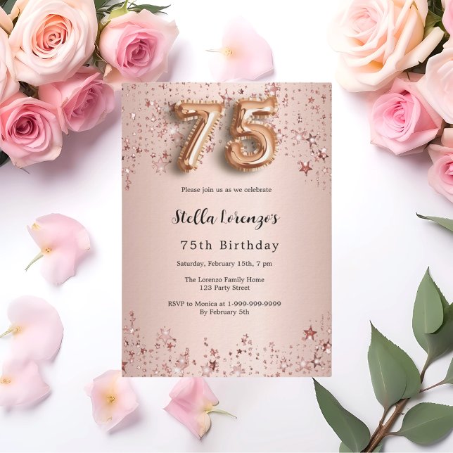 75th birthday rose gold pink stars luxury invitation (Creator Uploaded)