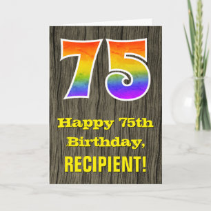 75th Birthday: Rustic Faux Wood Look, Rainbow "75" Card