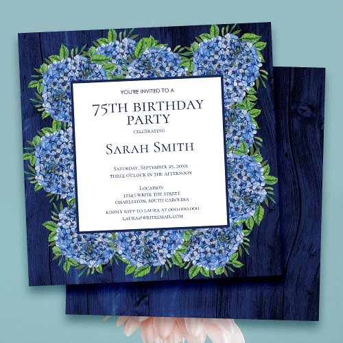 75th Birthday Rustic Wood Blue Hydrangeas Party Invitation