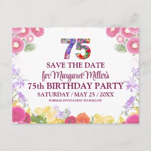 75th Birthday Save the Date, Blush Bloom Floral 75 Announcement Postcard