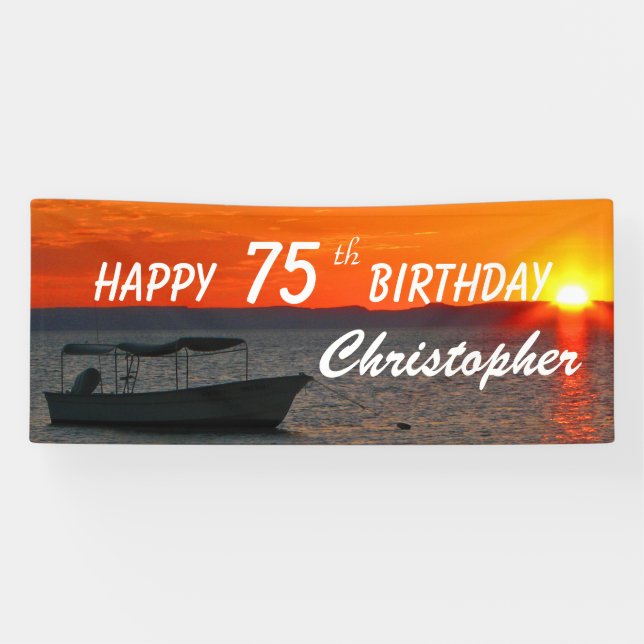 75th Birthday Sign Fishing Boat at Sunset Banner (Horizontal)